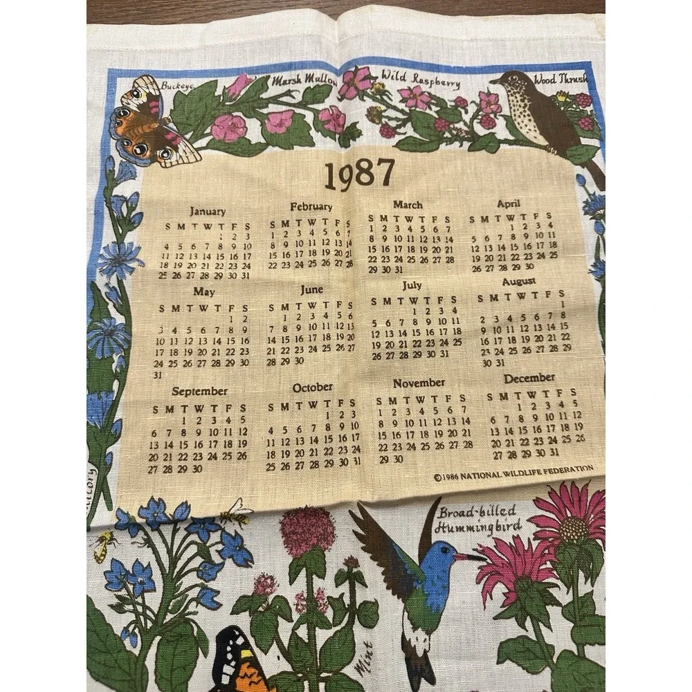 Vintage 1987 Printed Cloth Hanging Wall Calendar Tea Towel Butterflies Flowers